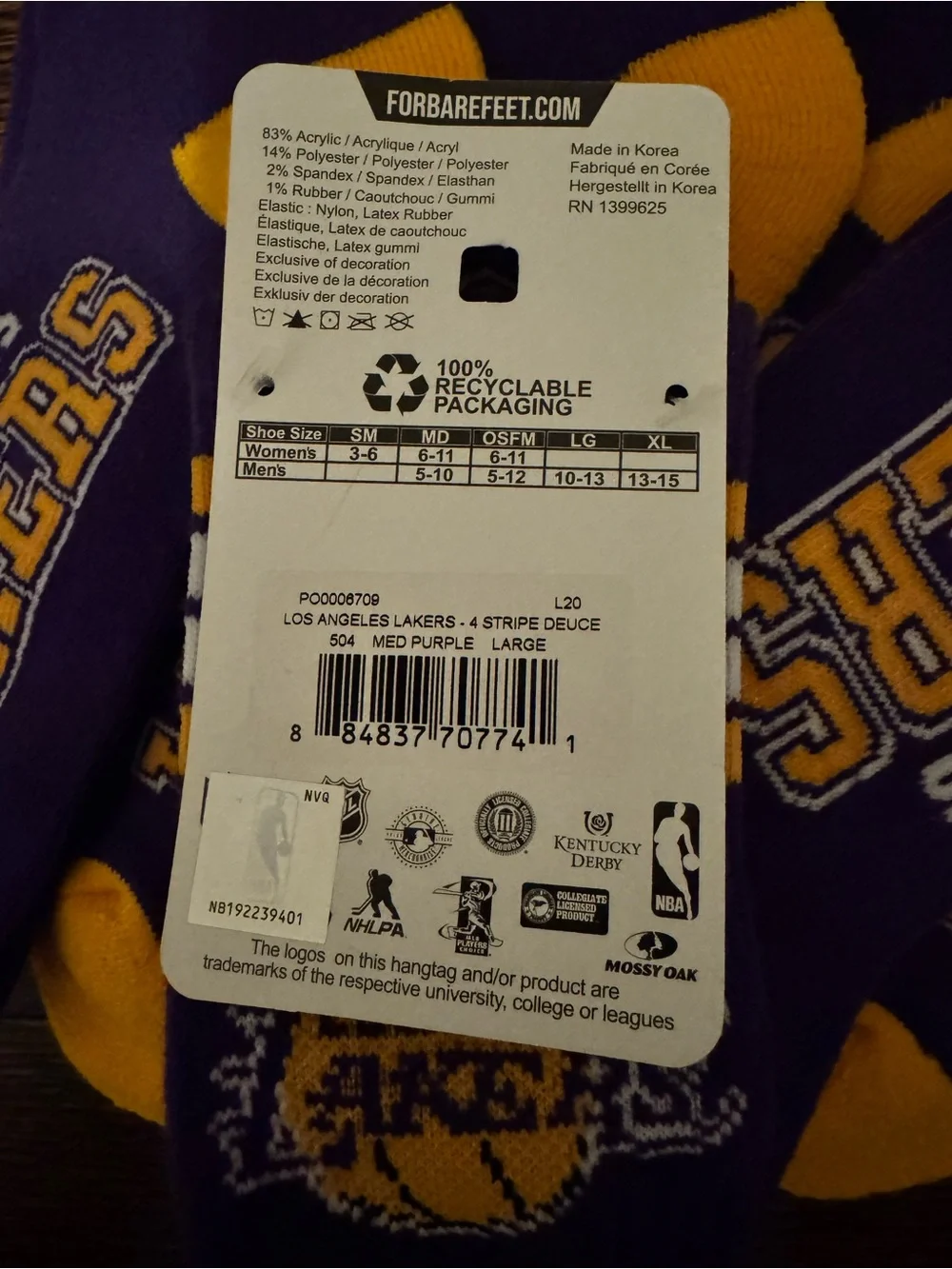 NBA Los Angeles Lakers Crew Socks - 5 pairs - large